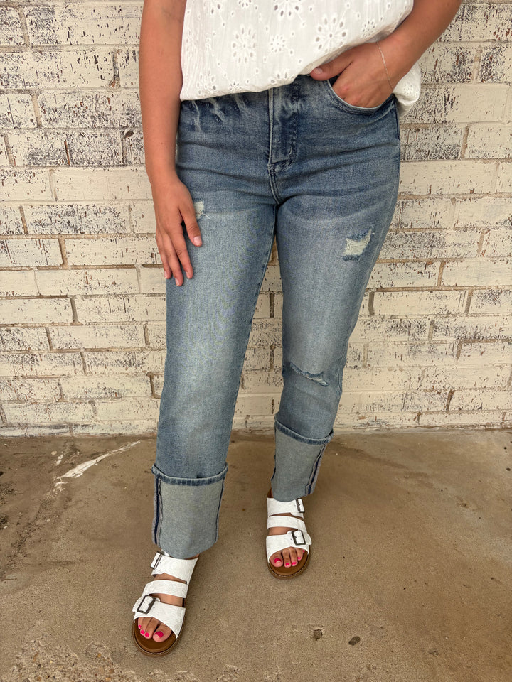 Vintage Stone Wash High Rise Distressed Cuffed Boyfriend Jeans*