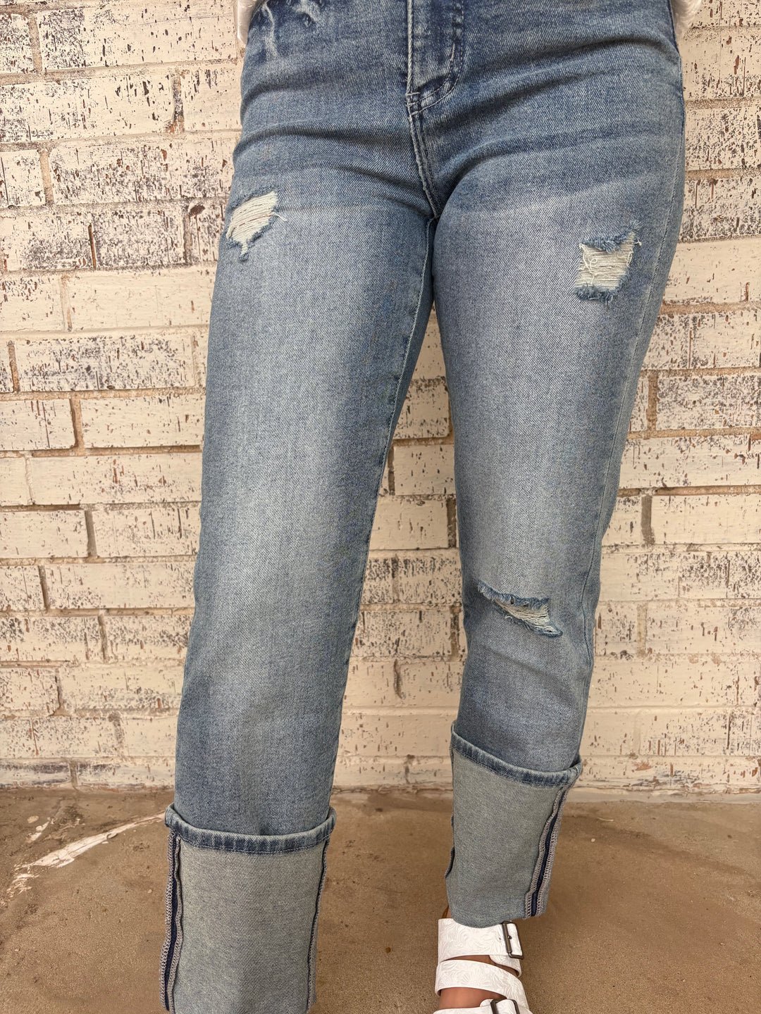 Vintage Stone Wash High Rise Distressed Cuffed Boyfriend Jeans*