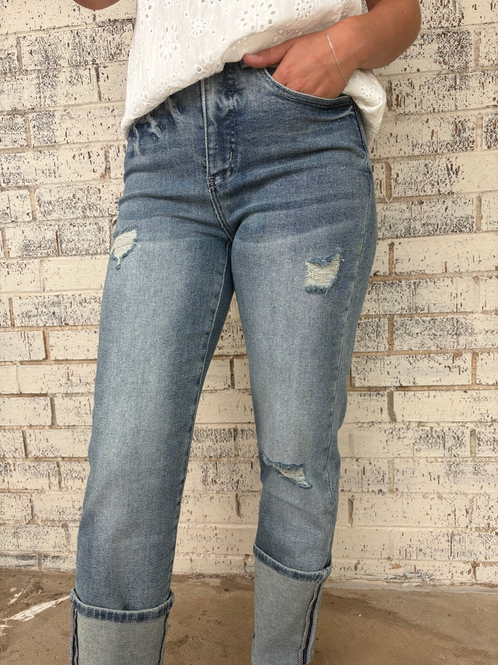 Vintage Stone Wash High Rise Distressed Cuffed Boyfriend Jeans*