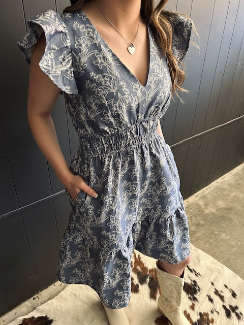 Vintage Style Ruffle Sleeve Denim Blue Dress