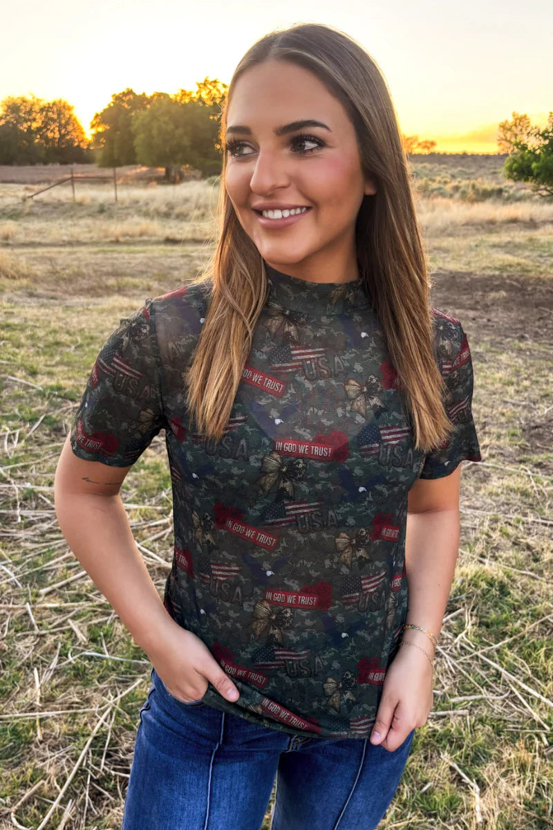 Sterling Kreek In God We Trust Short Sleeve Mesh Top