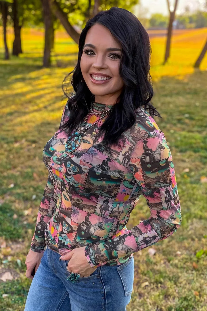 Cosmic Cowgirl Long Sleeve Mesh Top