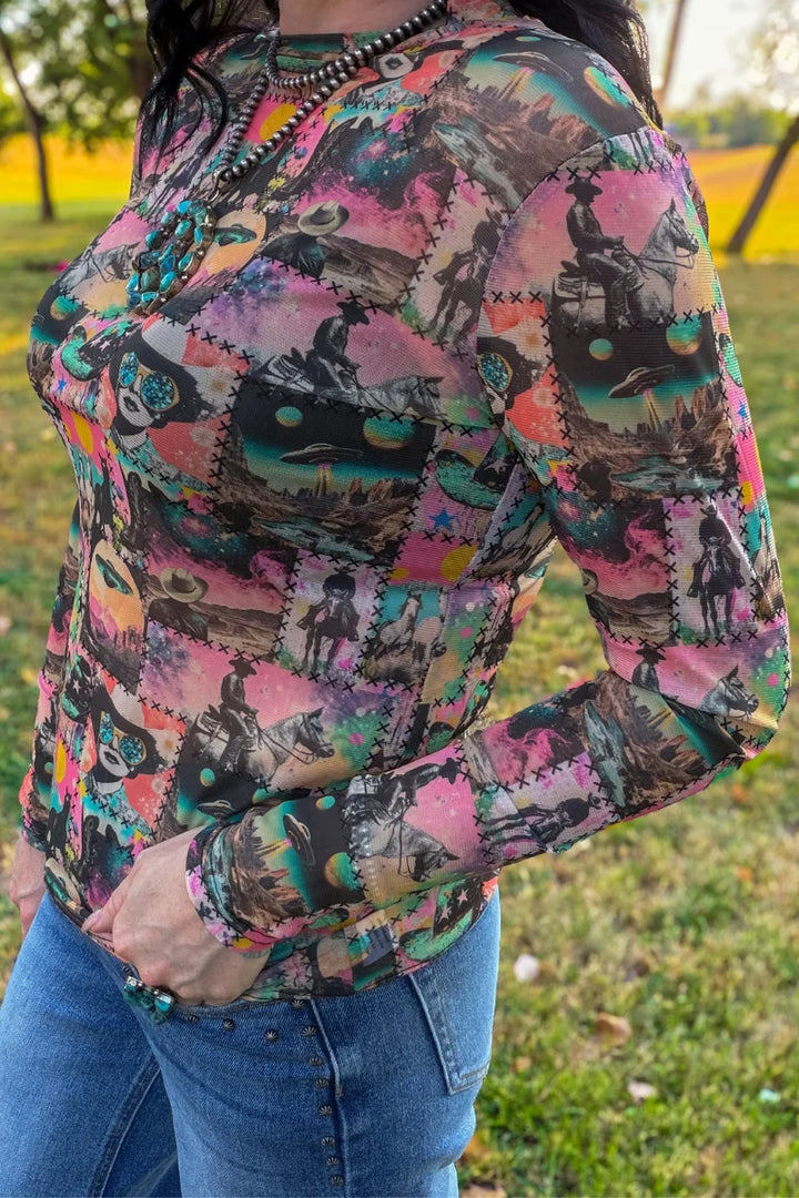 Cosmic Cowgirl Long Sleeve Mesh Top