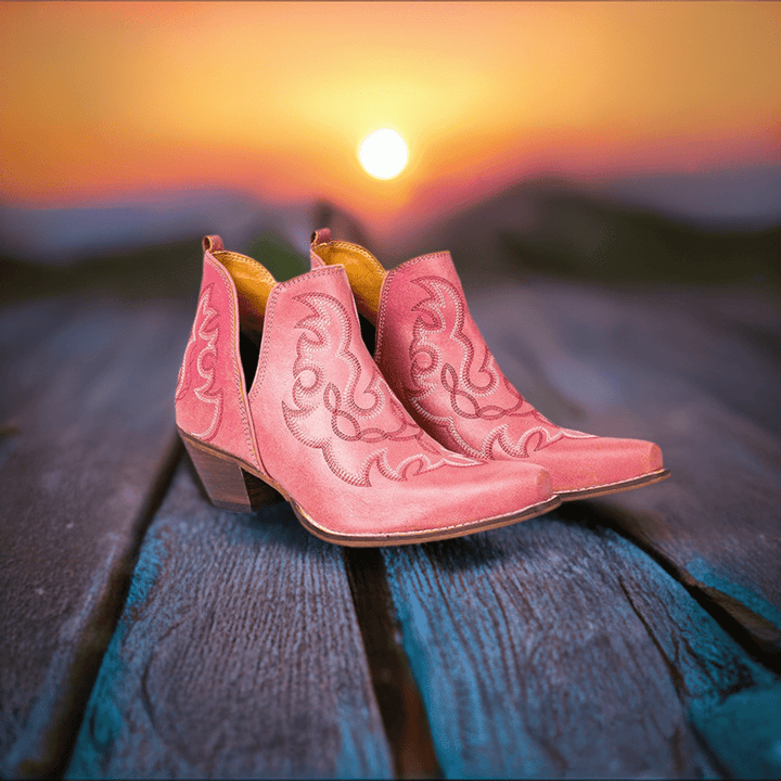 Myra Pink Maisie Leather Stitched Booties | gussieduponline