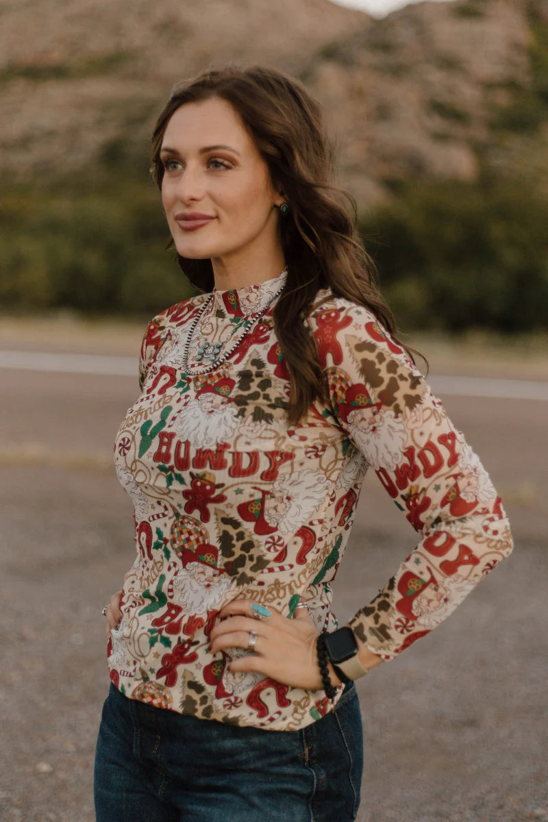 Sterling Kreek Howdy Santa Mesh Top*