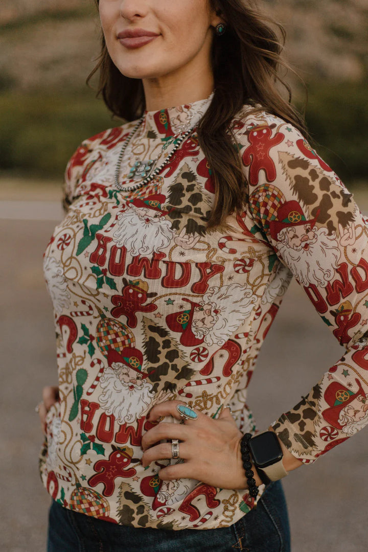 Sterling Kreek Howdy Santa Mesh Top*