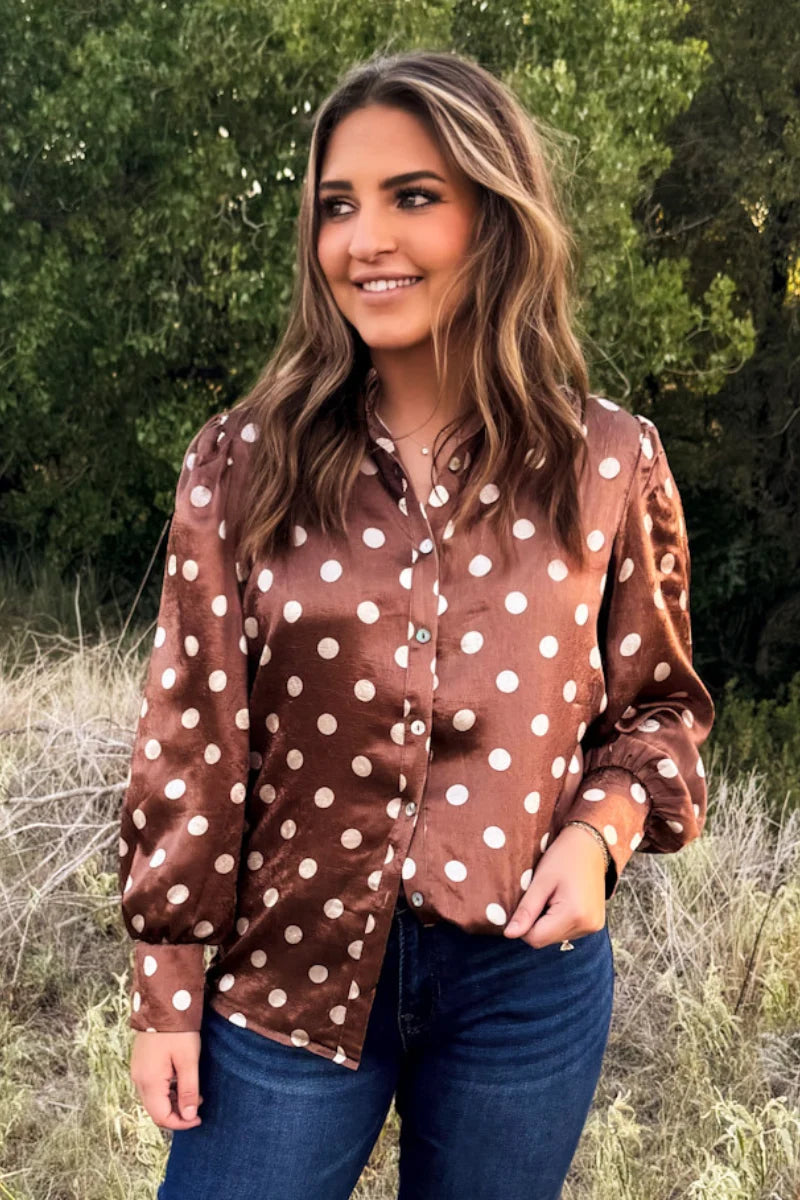 Mocha Dot Button Up Top