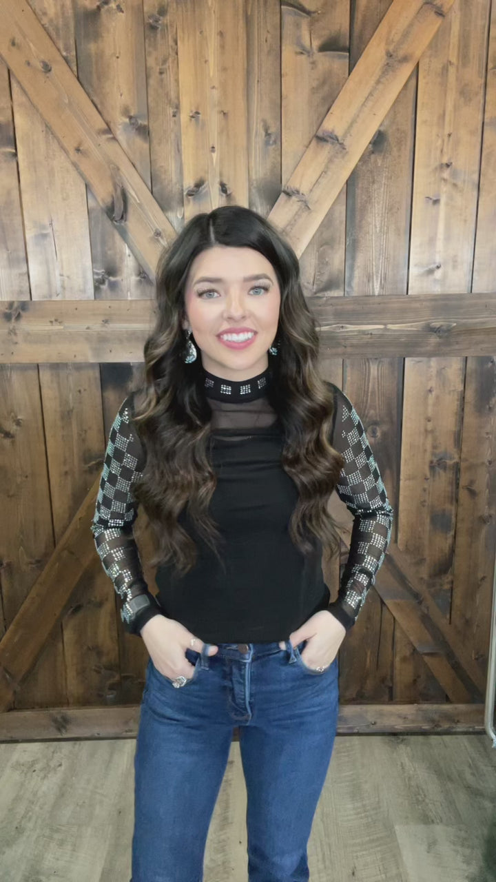 Sterling Kreek Checked In Black Mesh Top