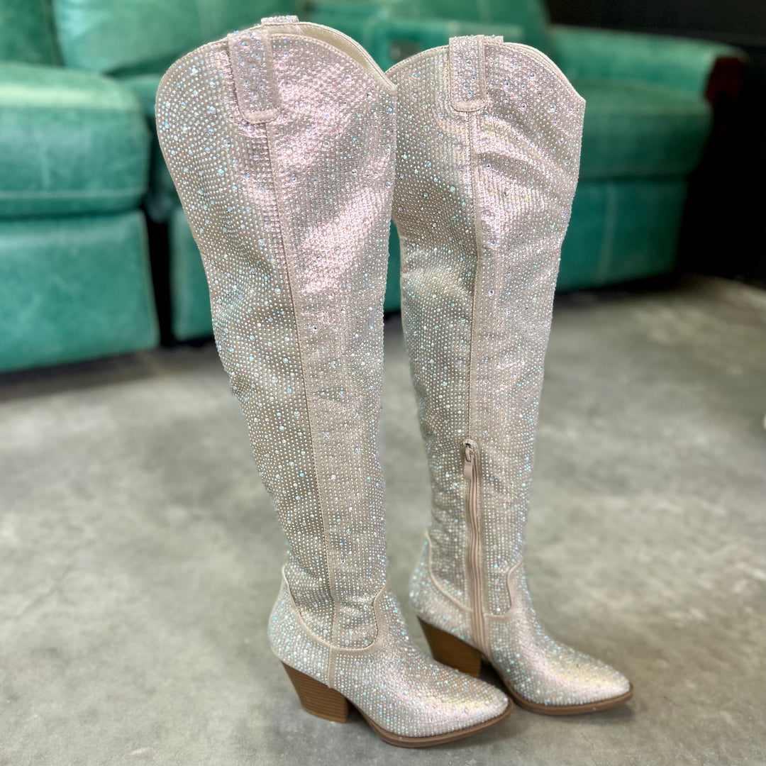 Champagne Bring Ya To Your Knees Rhinestone Boots | gussieduponline
