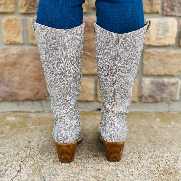 Glitz & Glam Silver Rhinestone Boots | gussieduponline