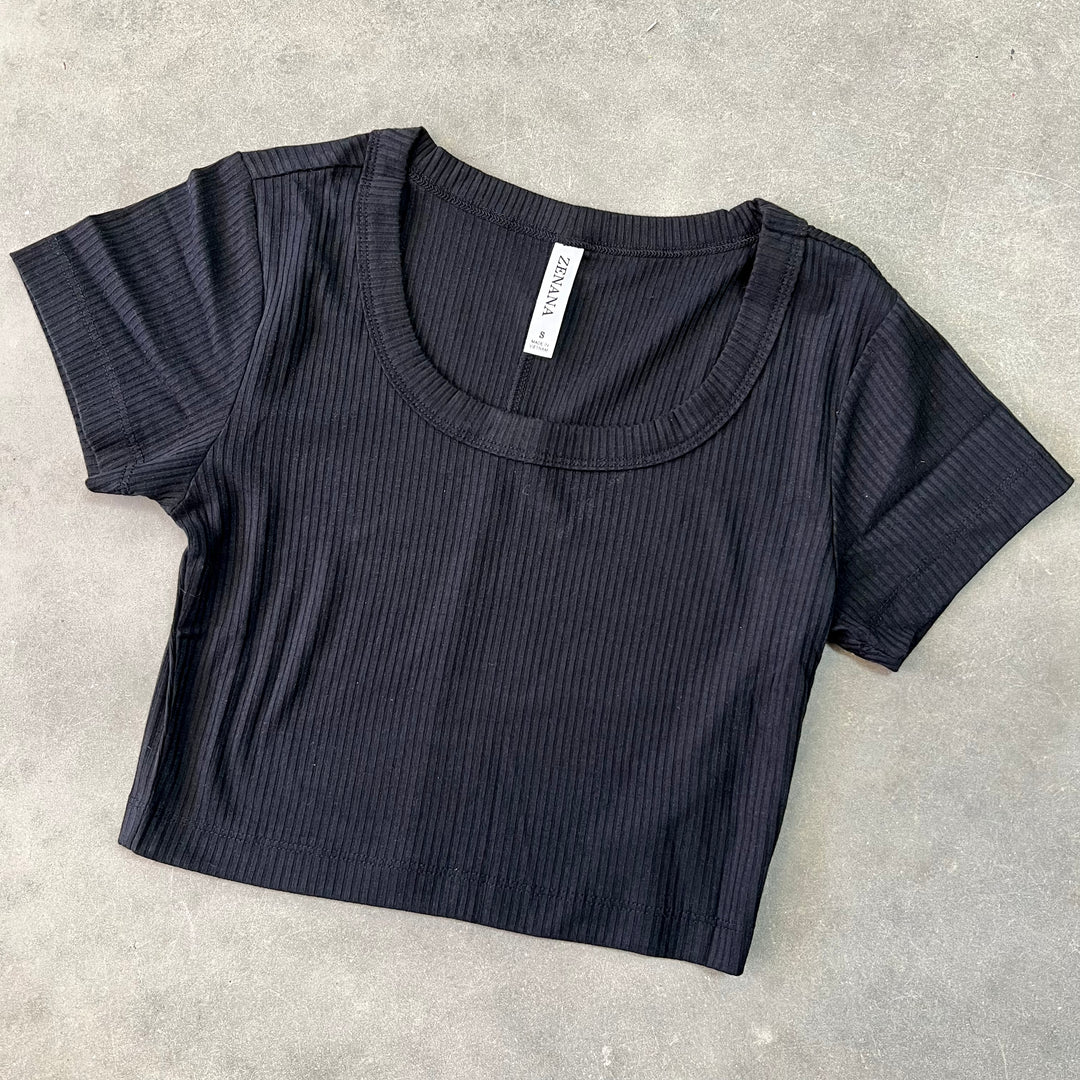 Zenana Ribbed Scoop Neck Crop Top | gussieduponline