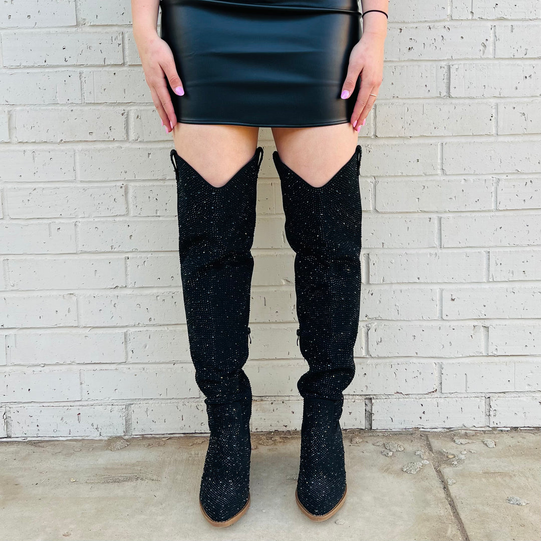 Bring Ya To Your Knees Rhinestone Boots | gussieduponline