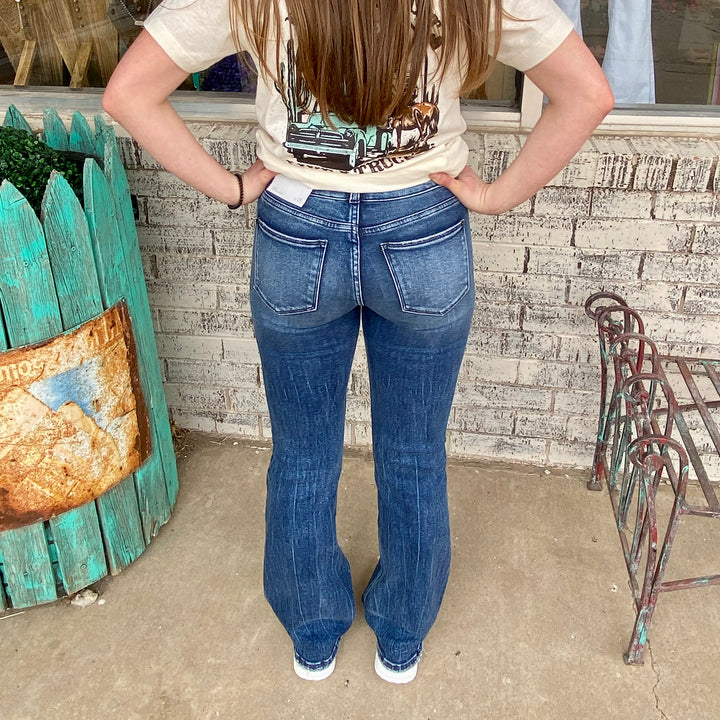 Dark Washed High-Rise Classic Bootcut Jeans | gussieduponline