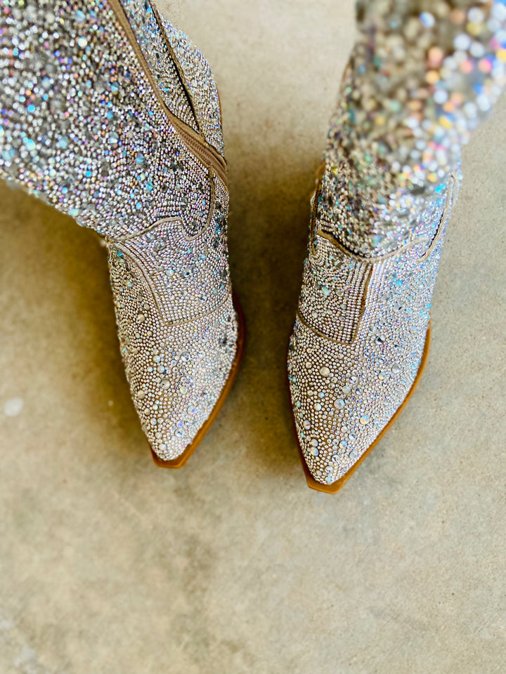 Glitz & Glam Silver Rhinestone Boots | gussieduponline