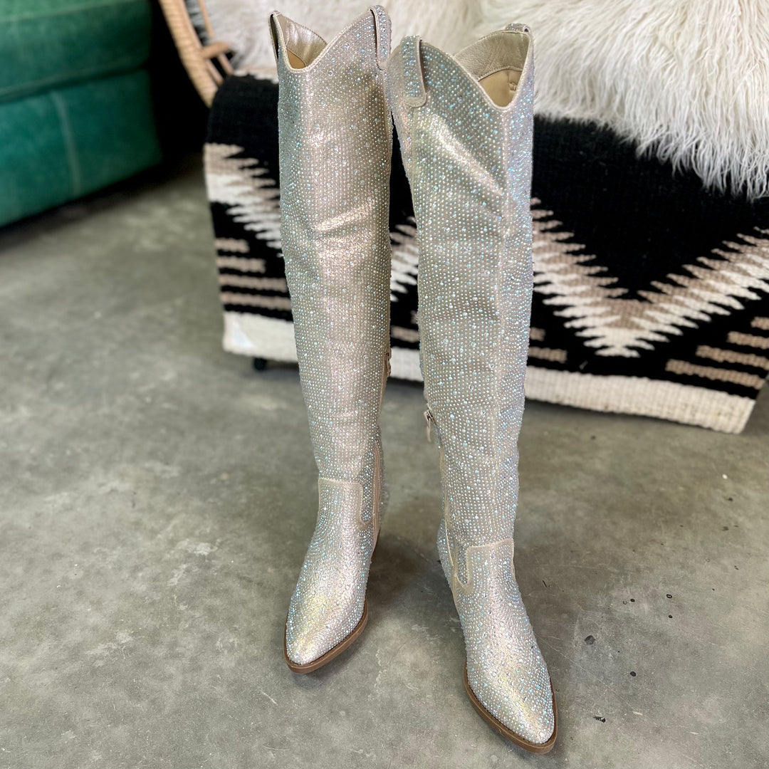 Champagne Bring Ya To Your Knees Rhinestone Boots | gussieduponline