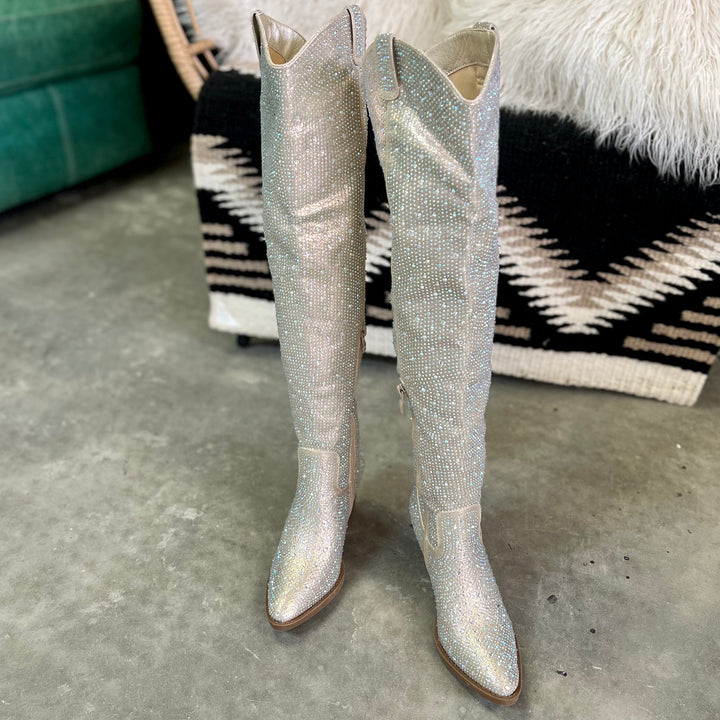 Champagne Bring Ya To Your Knees Rhinestone Boots | gussieduponline