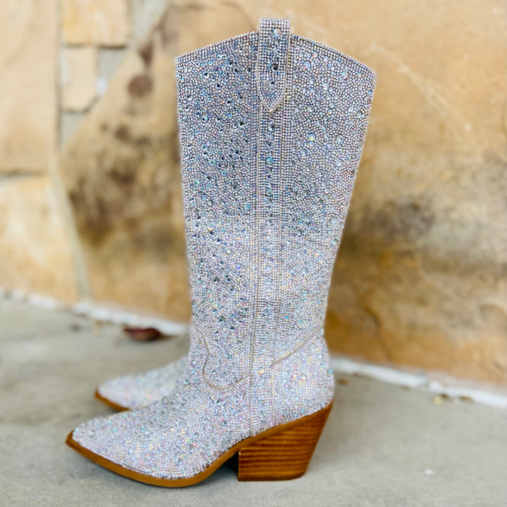 Glitz & Glam Silver Rhinestone Boots | gussieduponline