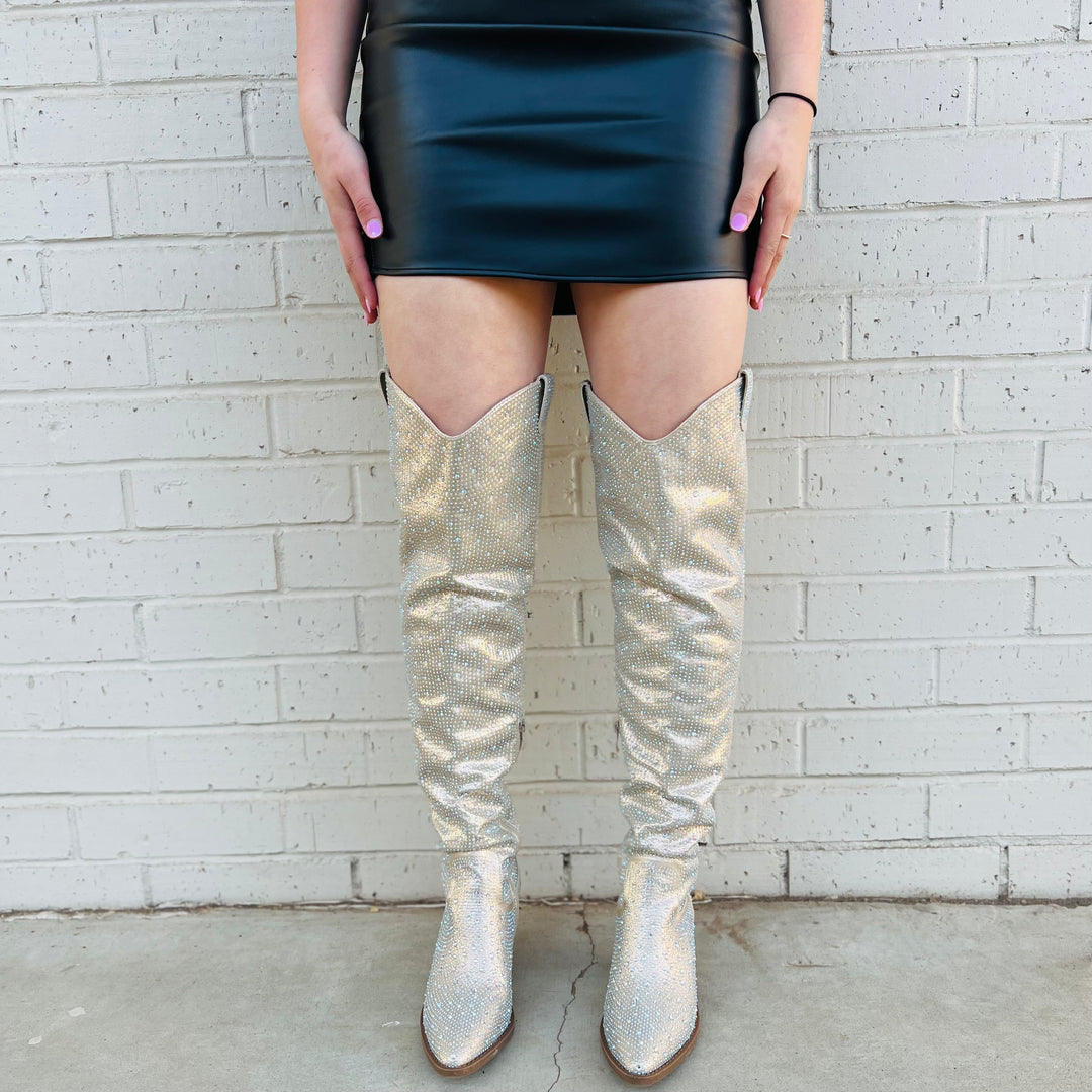 Champagne Bring Ya To Your Knees Rhinestone Boots | gussieduponline