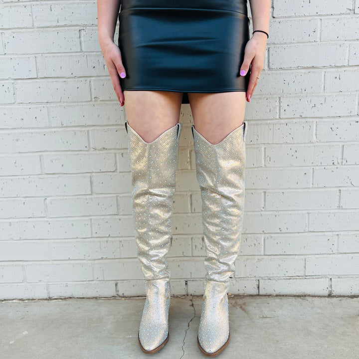 Champagne Bring Ya To Your Knees Rhinestone Boots | gussieduponline